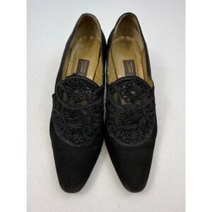 Sesto Meucci Black Suede‎ Pumps Embroidered Mesh Vamp Vintage 90s Womens Size 7